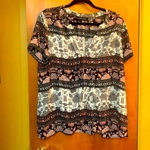 Ivanka Trump L paisley classy black red orange pleated front back short sleeves